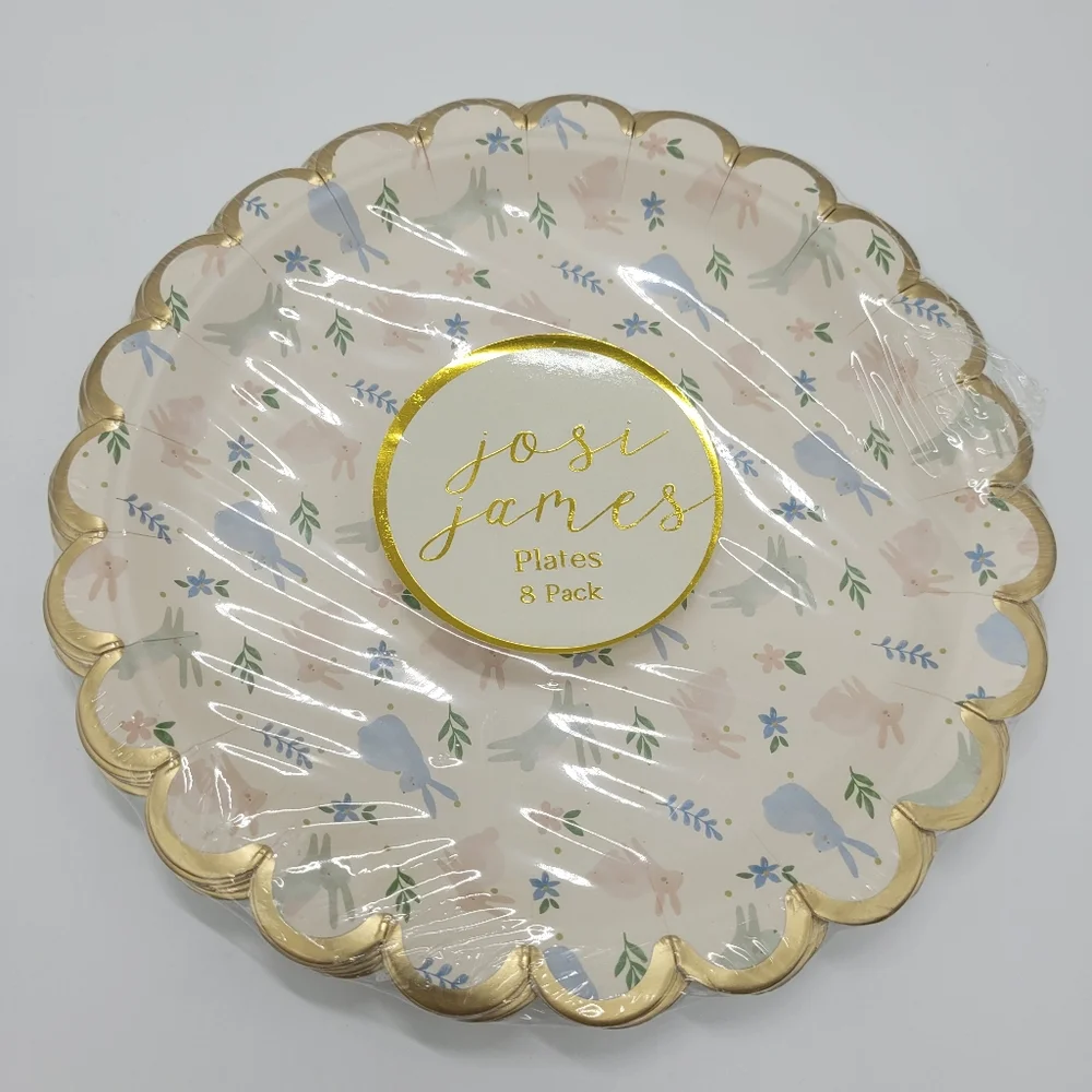 Josi James Paper Plates Set Of 8 Scalloped Edge Bunny Print Easter Spring NEW